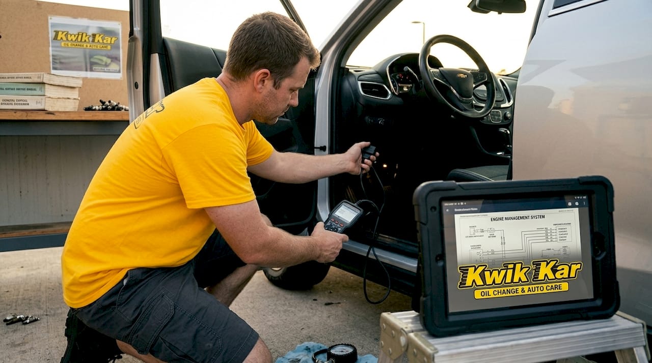 Technician using diagnostic scanner on SUV