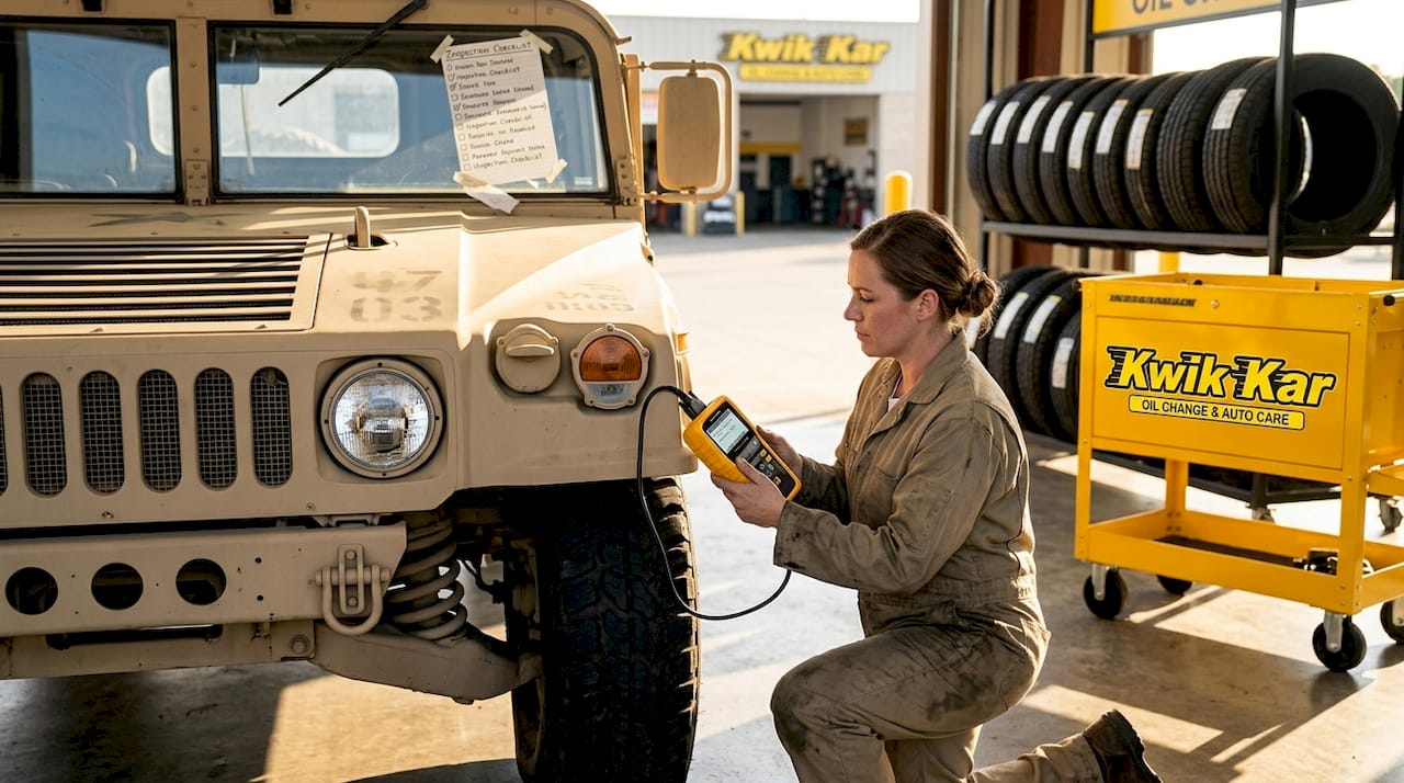 Technician inspecting surplus Humvee headlights