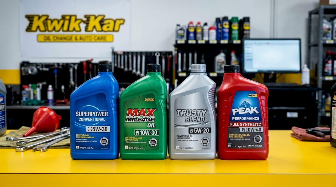 Conventional motor oil bottles on workshop counter