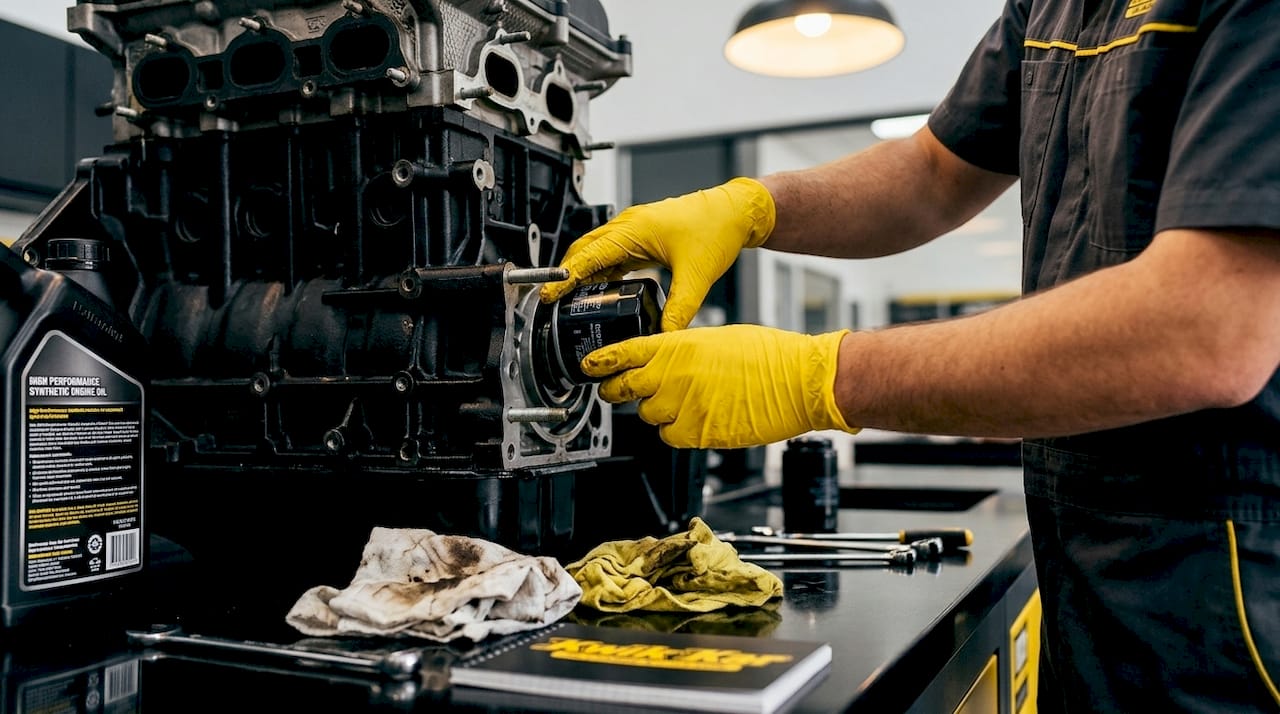 Mechanic installing new oil filter during oil change