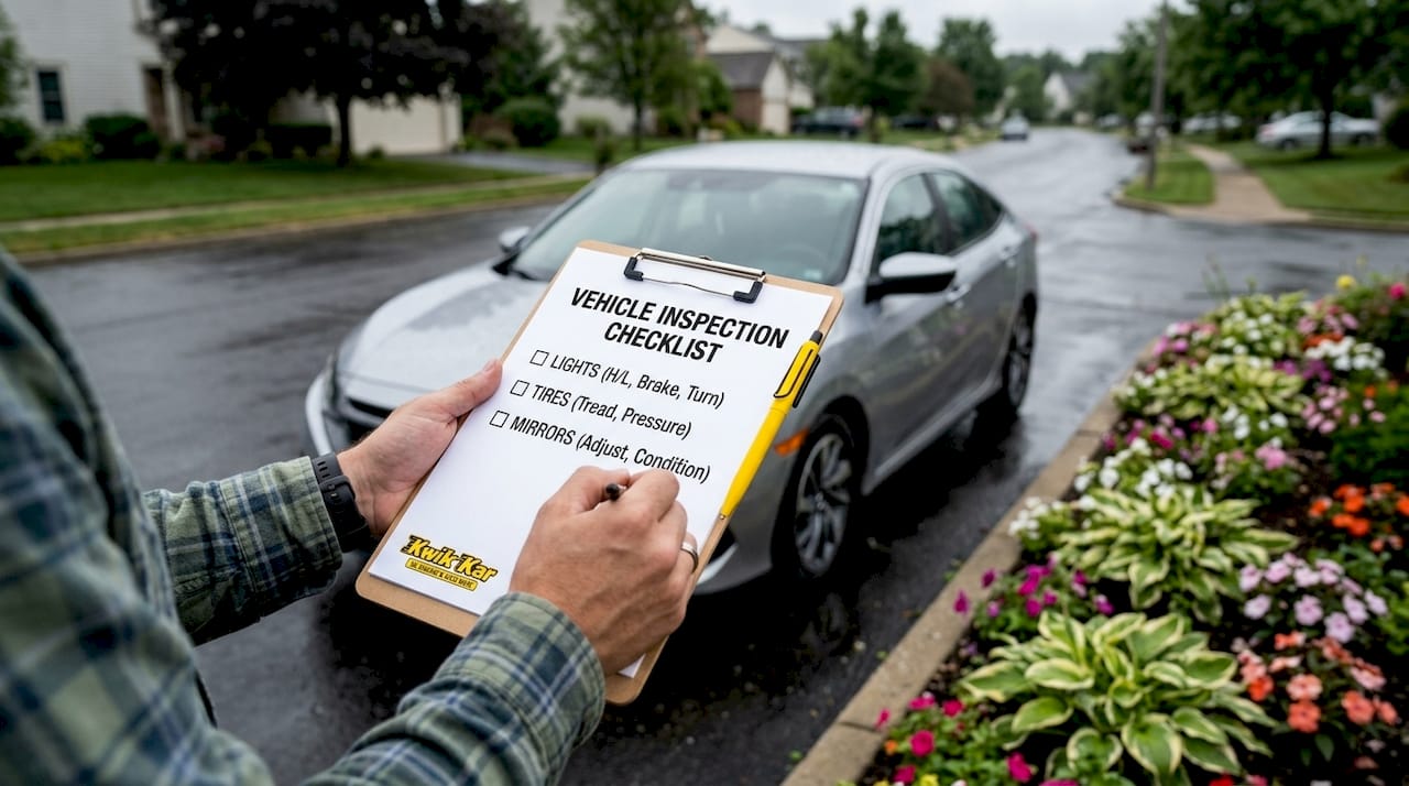 Hands holding vehicle inspection checklist beside parked SUV
