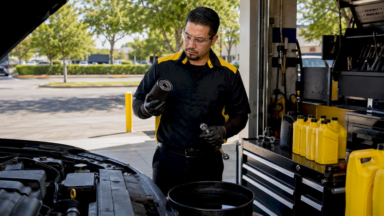 Technician performing quick oil change under car