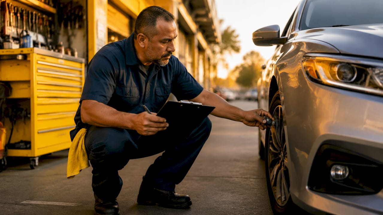 Mechanic inspecting car tire in garage