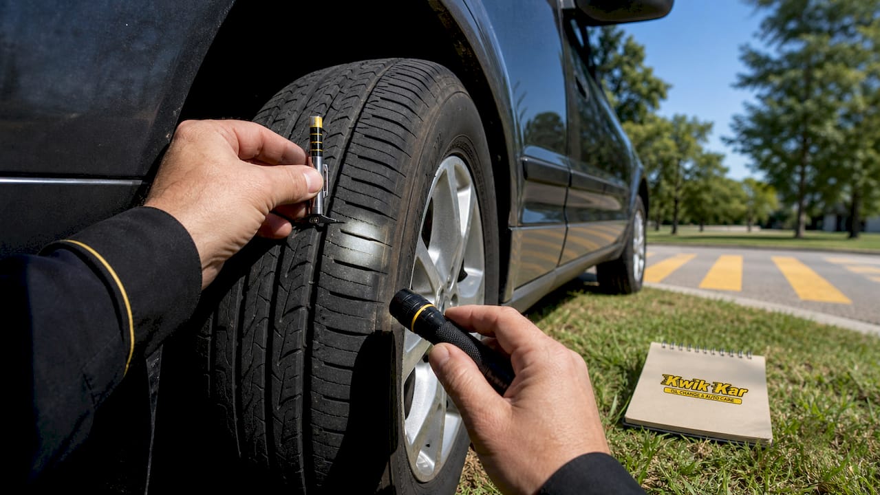 Hands inspecting tire tread depth outdoors