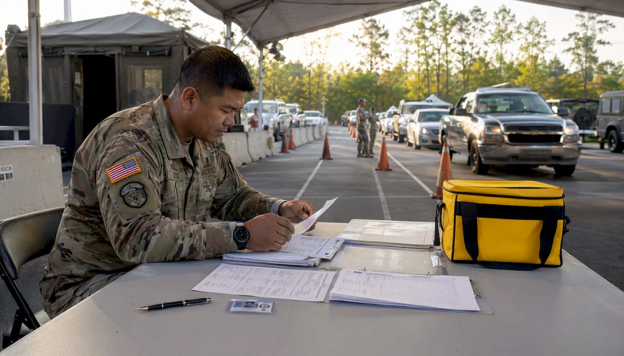 Hands sorting documents on inspection table