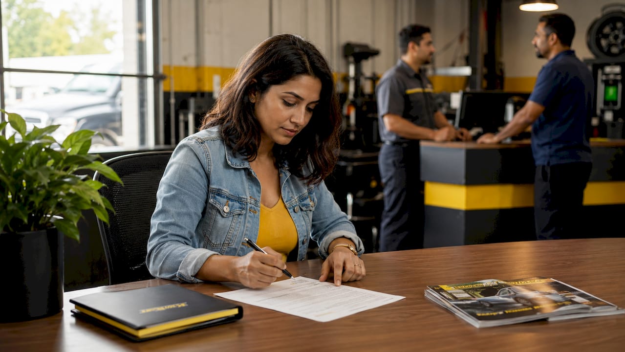 Customer examining car repair estimate document