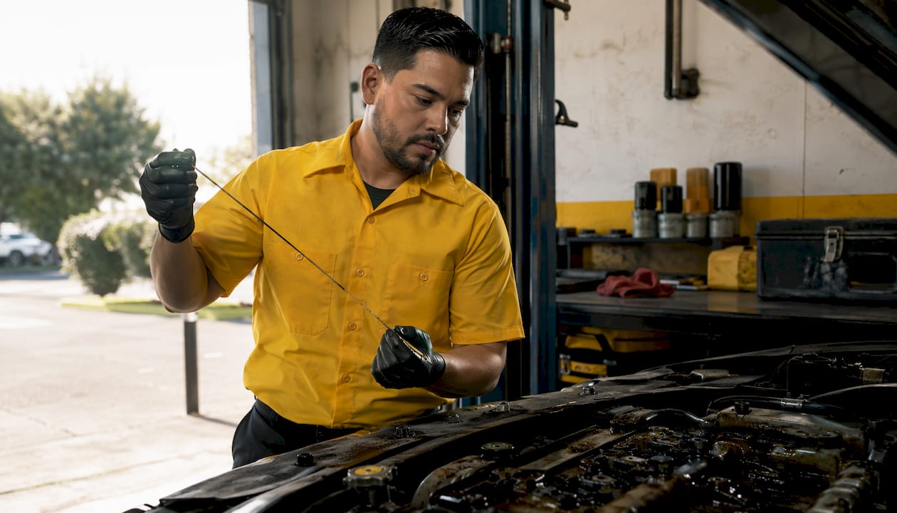 Technician checking engine oil condition closely