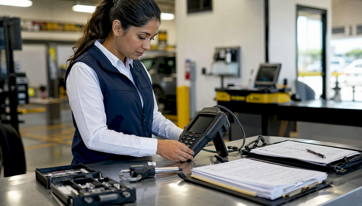 Hands adjusting emissions analyzer on workbench