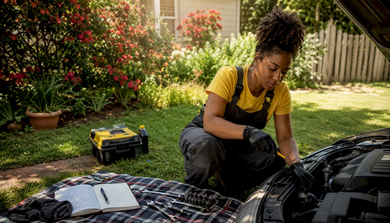 Woman performing oil change in driveway