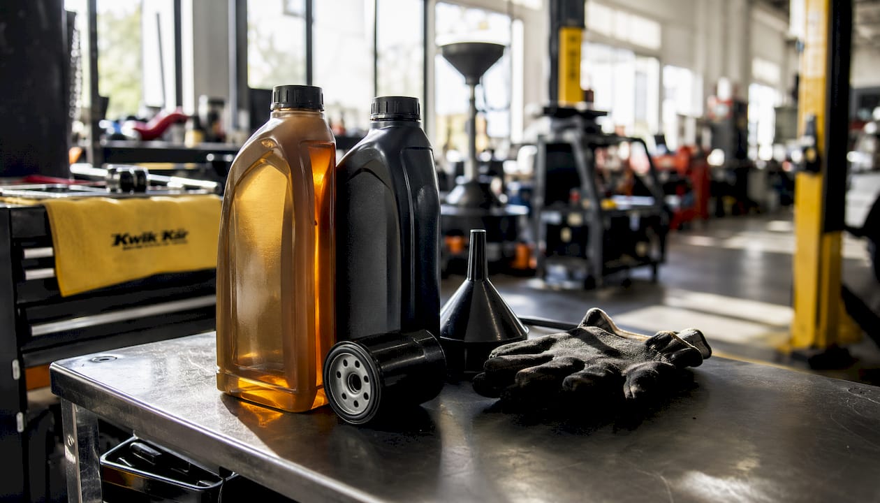 Two motor oil containers and automotive tools on workbench