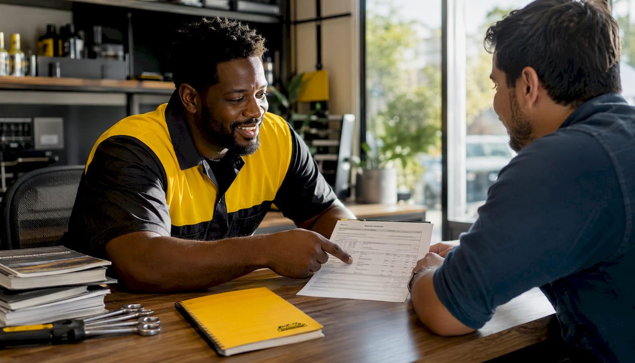 Technician explaining written car repair estimate