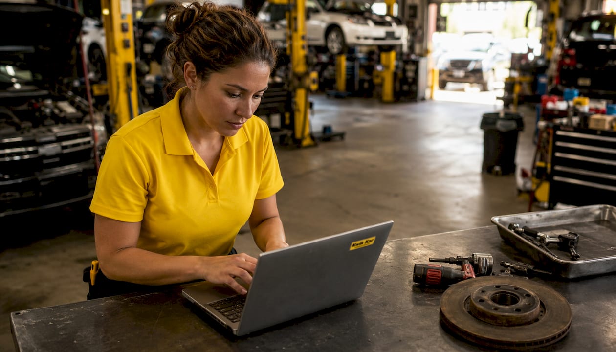 Female technician entering service records