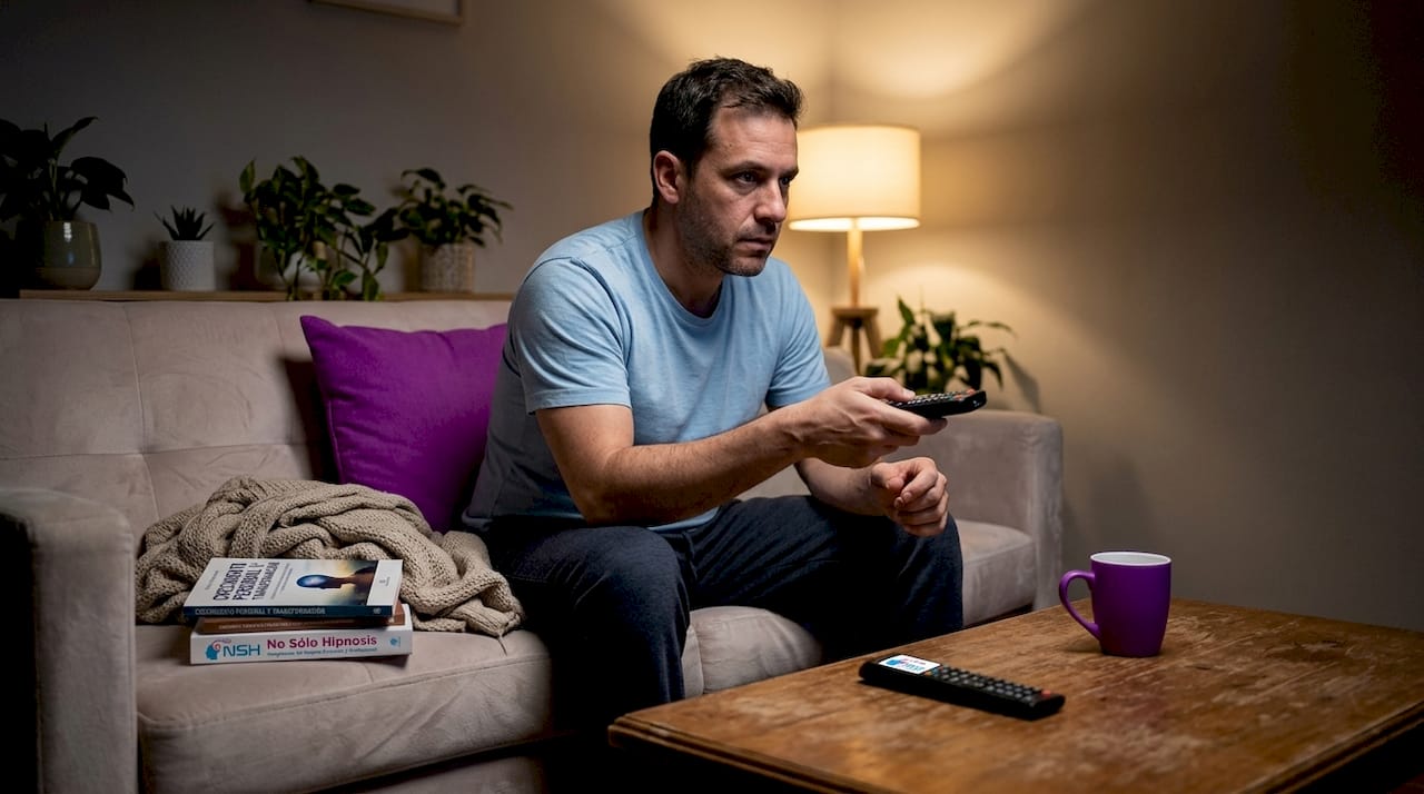 Un hombre, visiblemente ansioso, permanece en el salón de su casa al caer la tarde.