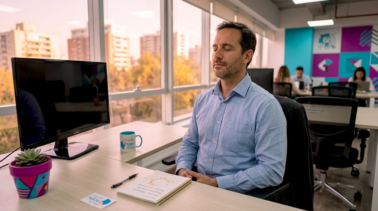 Un hombre se toma un momento para respirar profundamente y con calma en su lugar de trabajo.