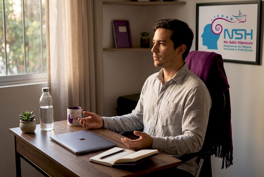 Hombre realizando ejercicios de respiración consciente en su escritorio en casa