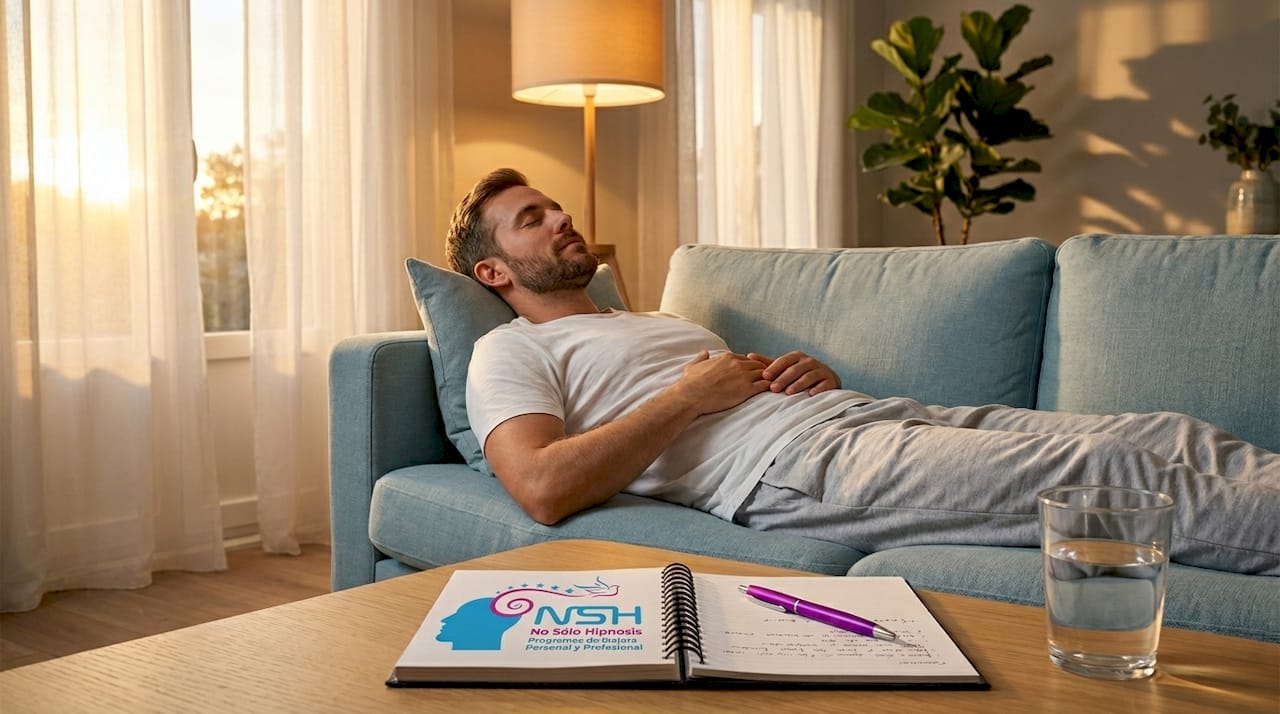 Hombre relajándose tranquilamente sentado en el sofá