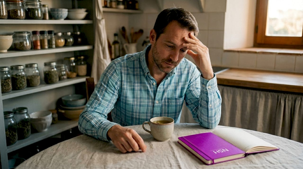 Un hombre sentado en la mesa de la cocina, por la mañana, muestra claros signos de preocupación.