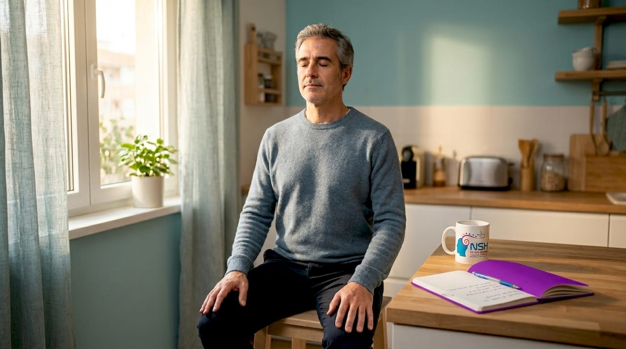 Hombre realizando ejercicios de respiración profunda dentro de casa