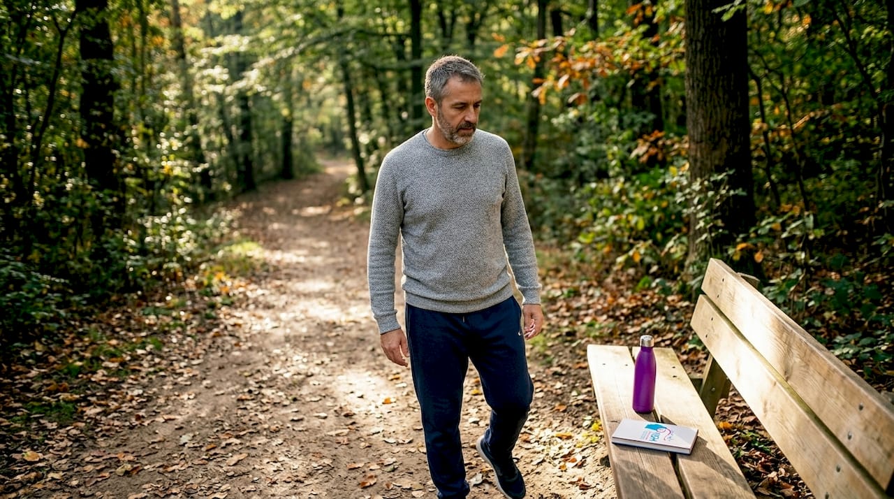 Hombre que da sus primeros pasos por el sendero del parque decidido a enfrentar su ansiedad