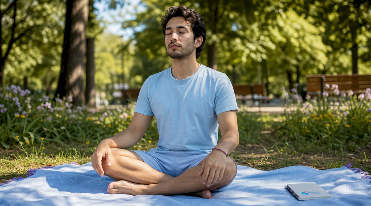 Hombre sentado en postura de meditación, centrado en su respiración consciente