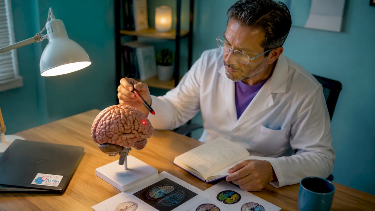 Un neurocientífico explica el funcionamiento del cerebro en el laboratorio, mostrando cómo se entiende el modelo cerebral desde la ciencia.