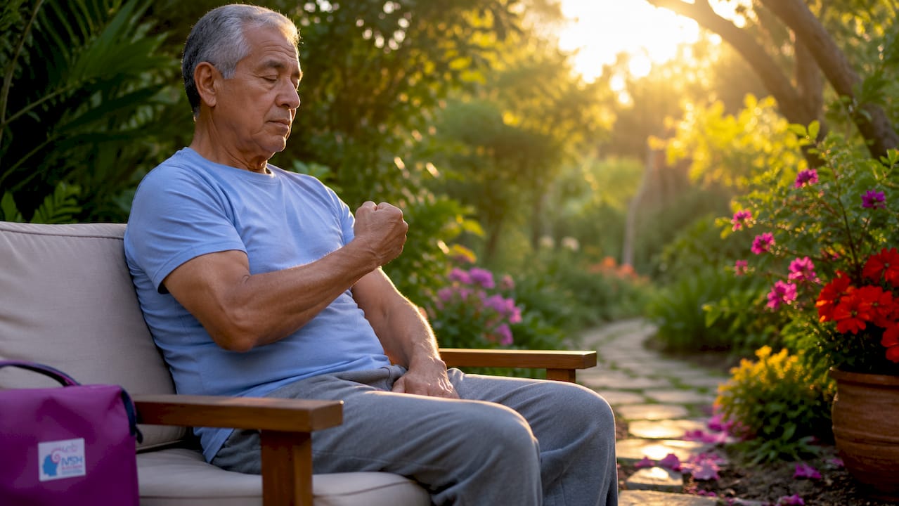 Hombre practicando ejercicios de relajación muscular progresiva