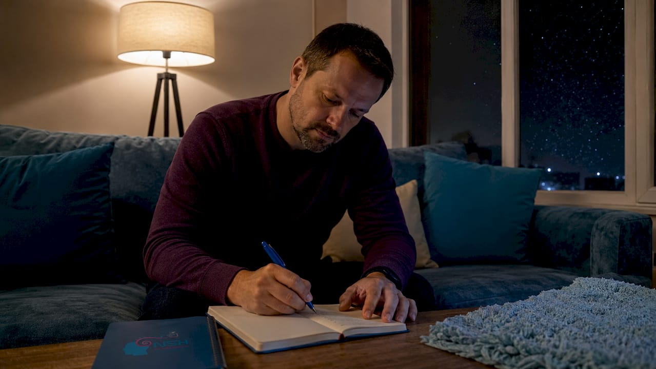 Hombre que escribe en su diario para calmar la ansiedad antes de dormir