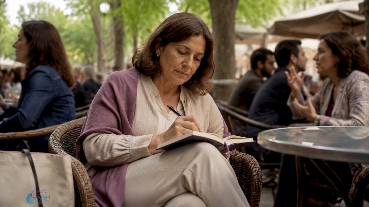 Mujer tomando apuntes tras una sesión de práctica social
