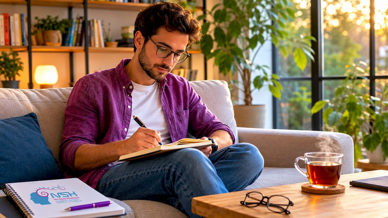 Detalle de unas manos escribiendo en un cuaderno junto a una taza de café