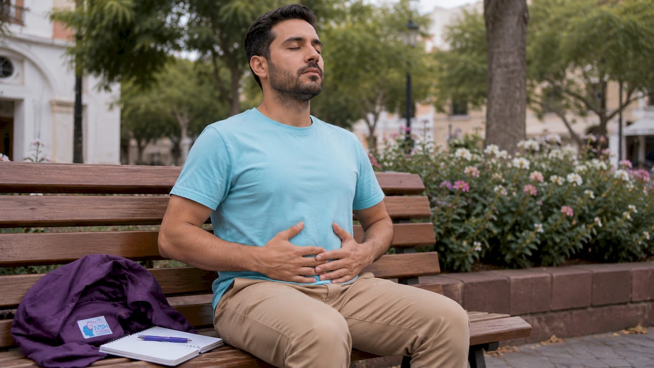 Manos colocadas sobre el abdomen mientras se practica una respiración profunda con el diafragma
