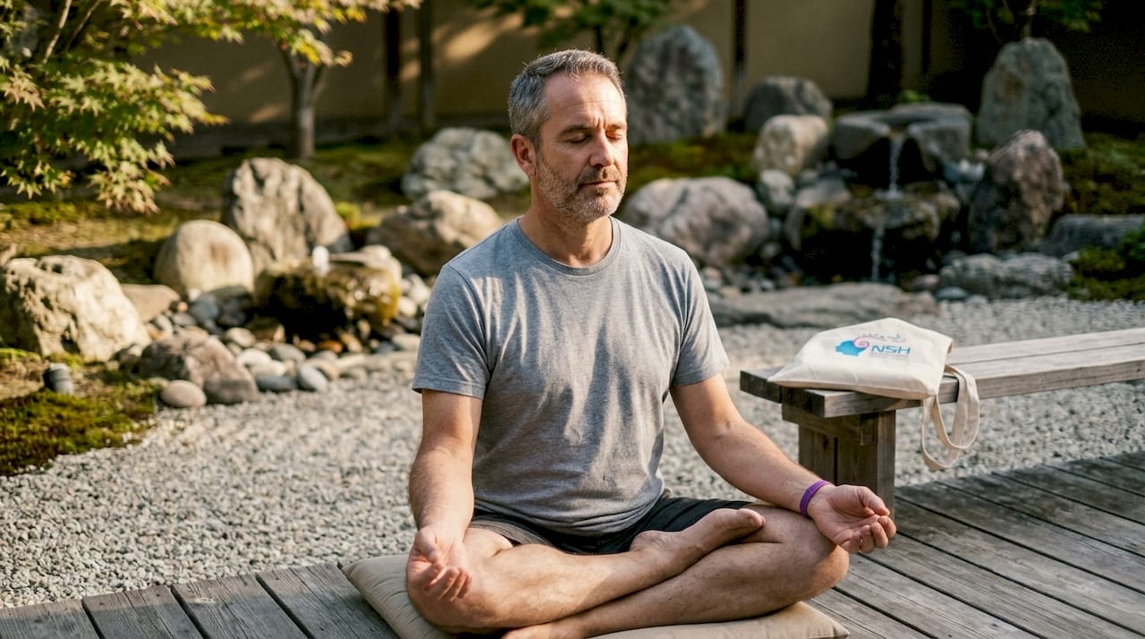 Hombre practicando respiración consciente durante una sesión de yoga