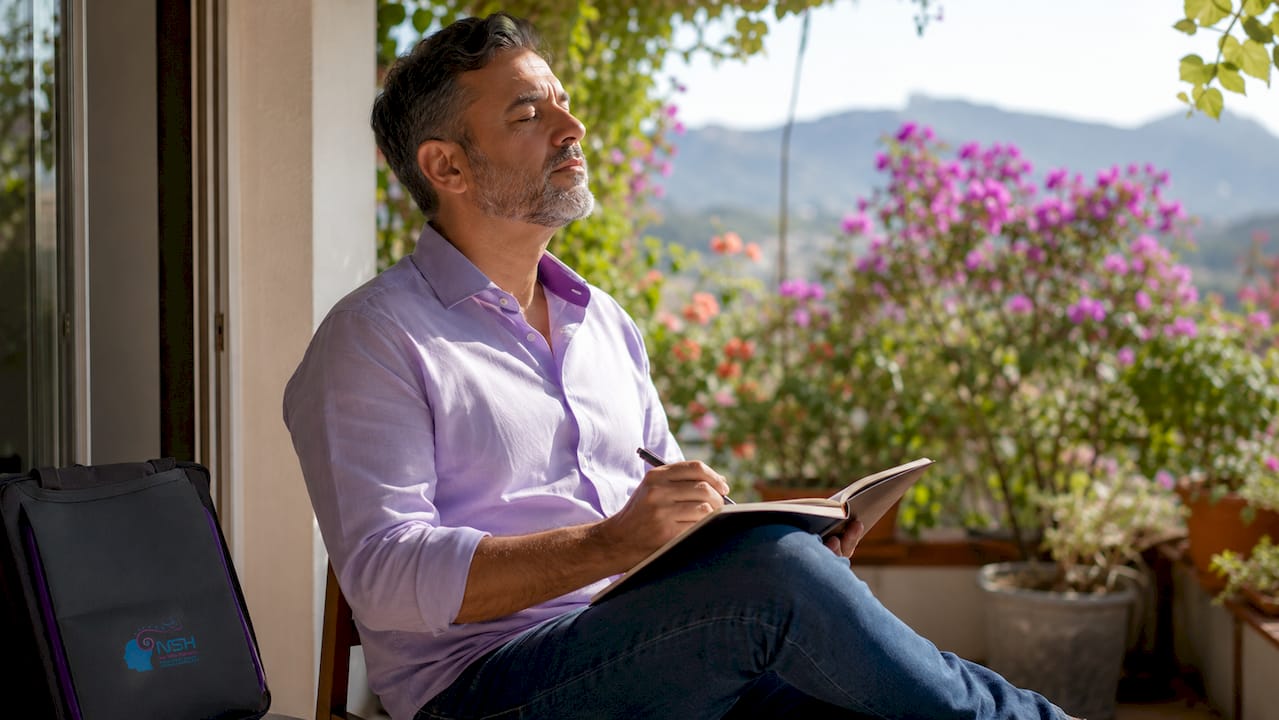 Hombre sentado en un sillón, pensando y anotando sus ideas