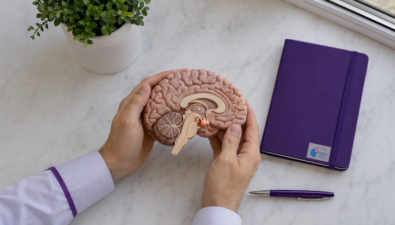 Unas manos sostienen un modelo de cerebro y señalan la amígdala.