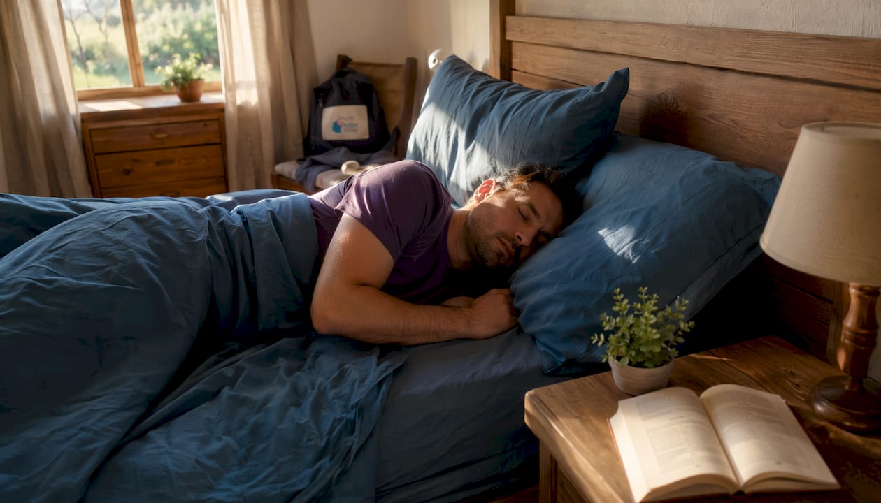 Un hombre duerme plácidamente en su habitación mientras cae la noche.