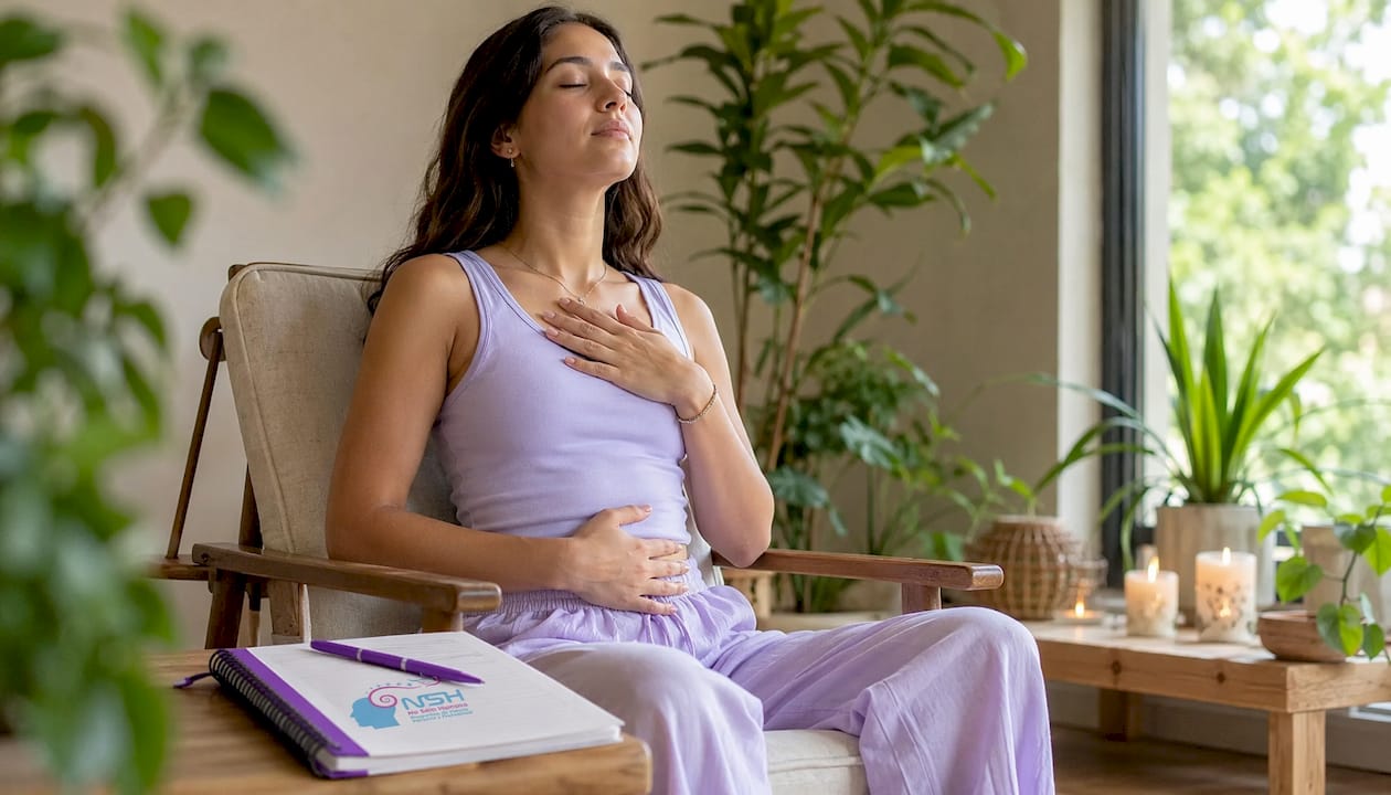 Mujer realizando ejercicios de respiración en el consultorio