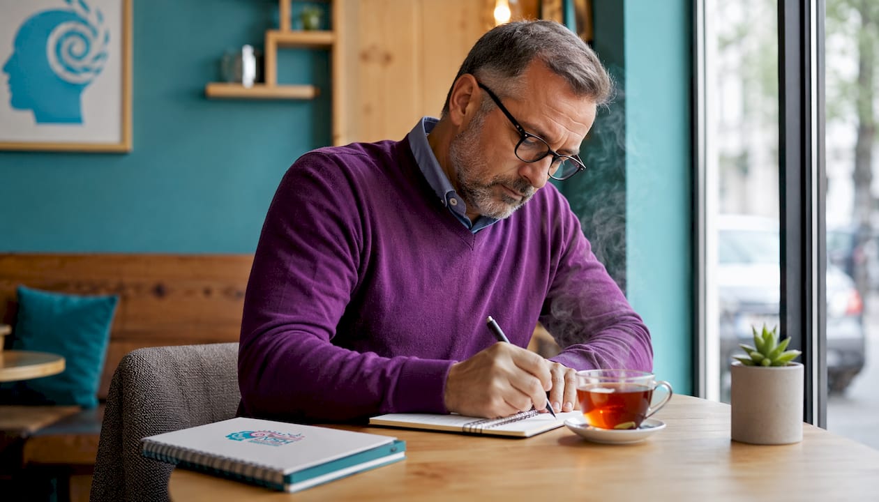 Hombre trabajando desde casa y tomando apuntes en su escritorio