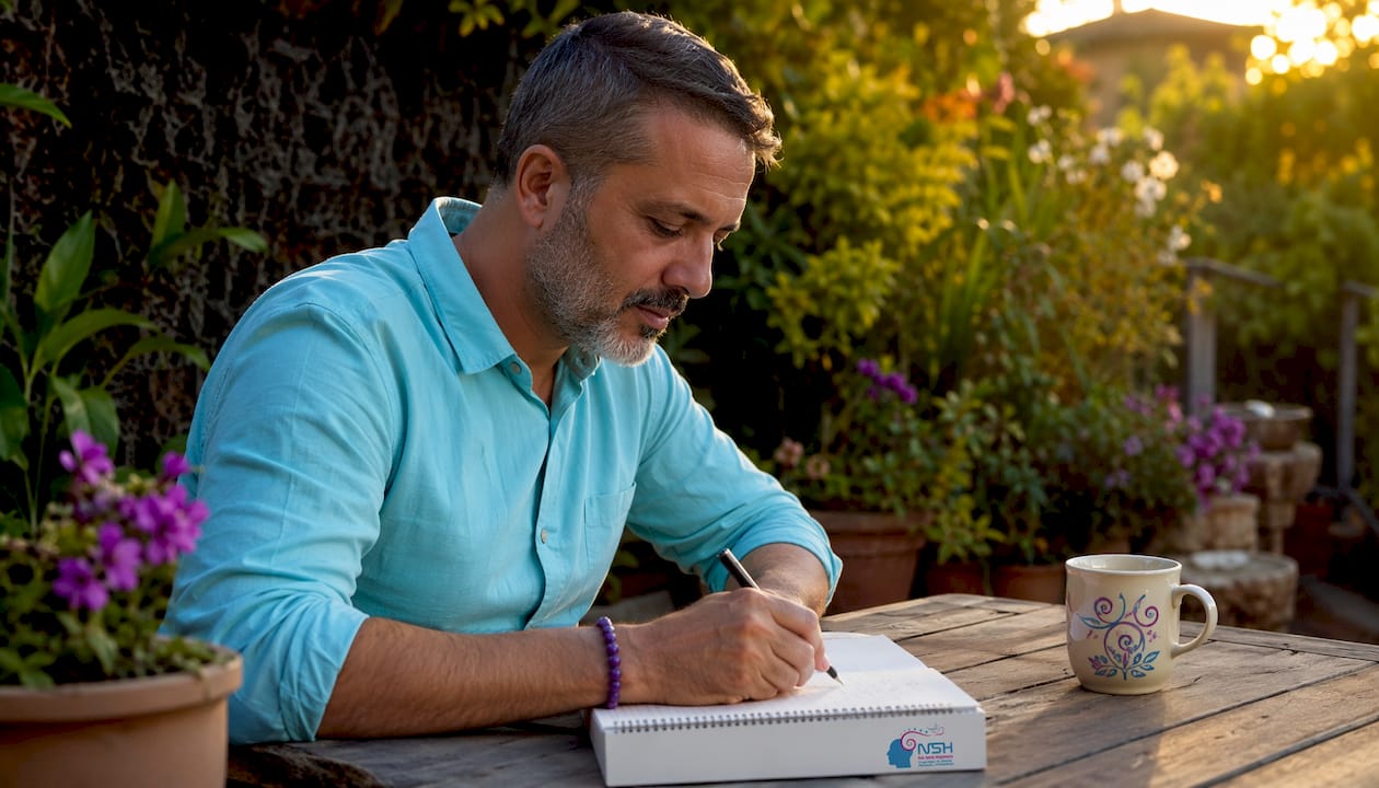Hombre anotando ideas en su cuaderno mientras trabaja desde casa