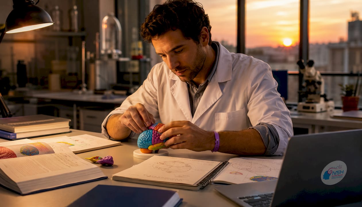 Manos manipulando un modelo de cerebro en un laboratorio de neurobiología