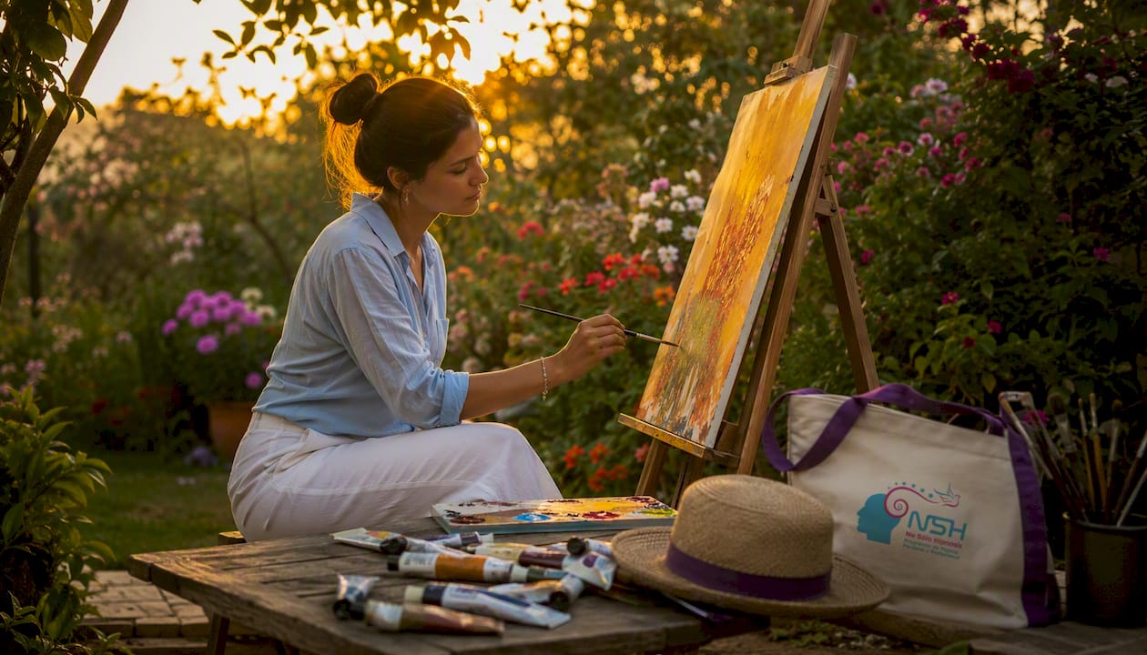 Mujer disfrutando de una sesión de arteterapia mientras pinta