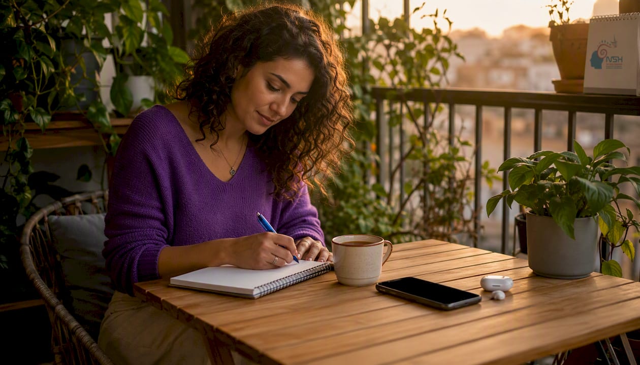 Mesa de trabajo con móvil y anotaciones sobre aplicaciones de terapia digital