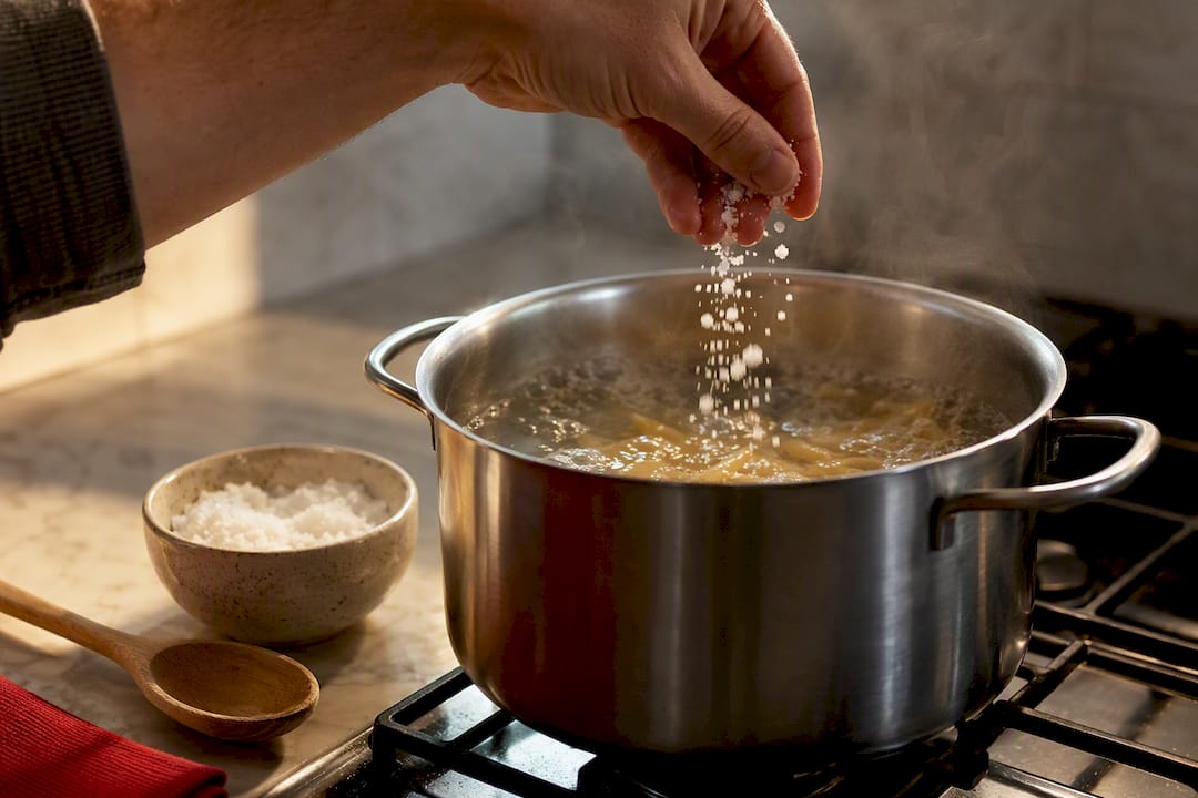Hand salting boiling pasta water