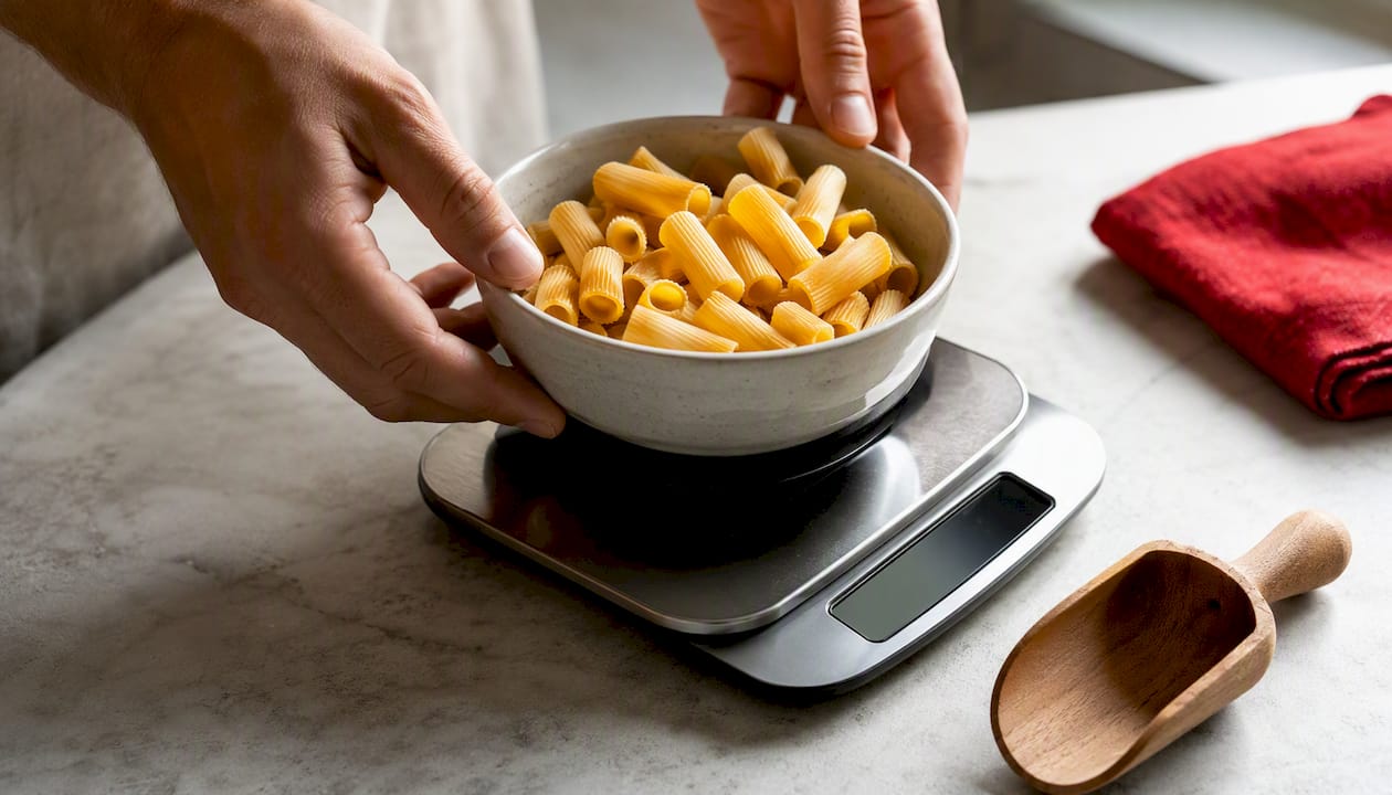 Hands weighing dry pasta in a bowl