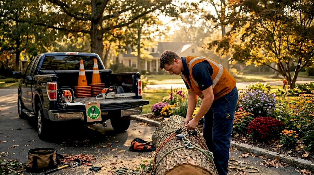 Arborist setting up storm tree removal gear