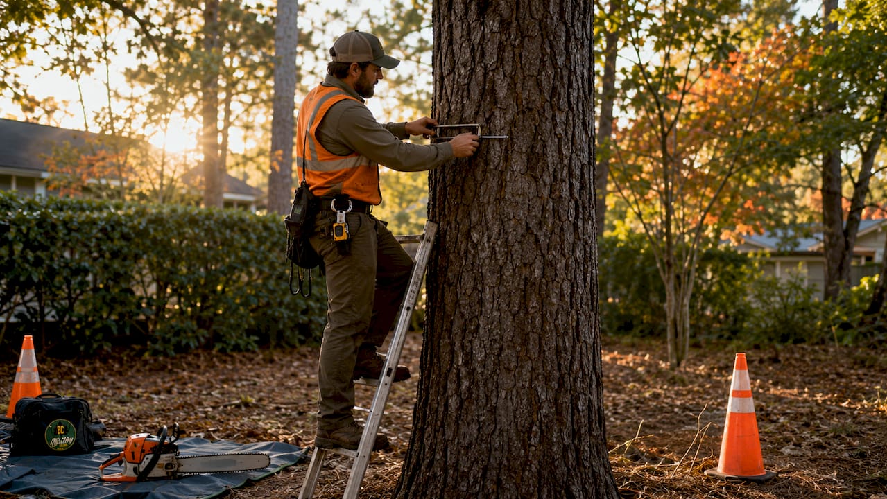 Arborist measuring tree trunk diameter outdoors