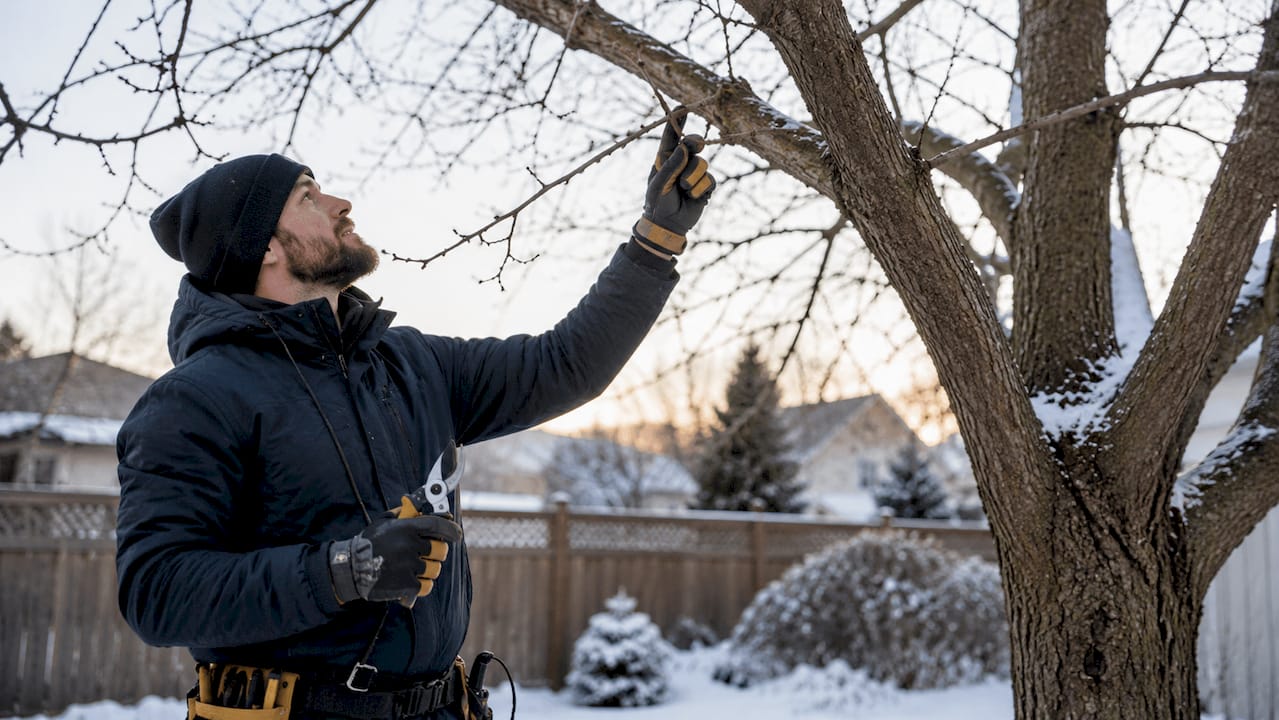 Arborist assessing tree branches for winter pruning