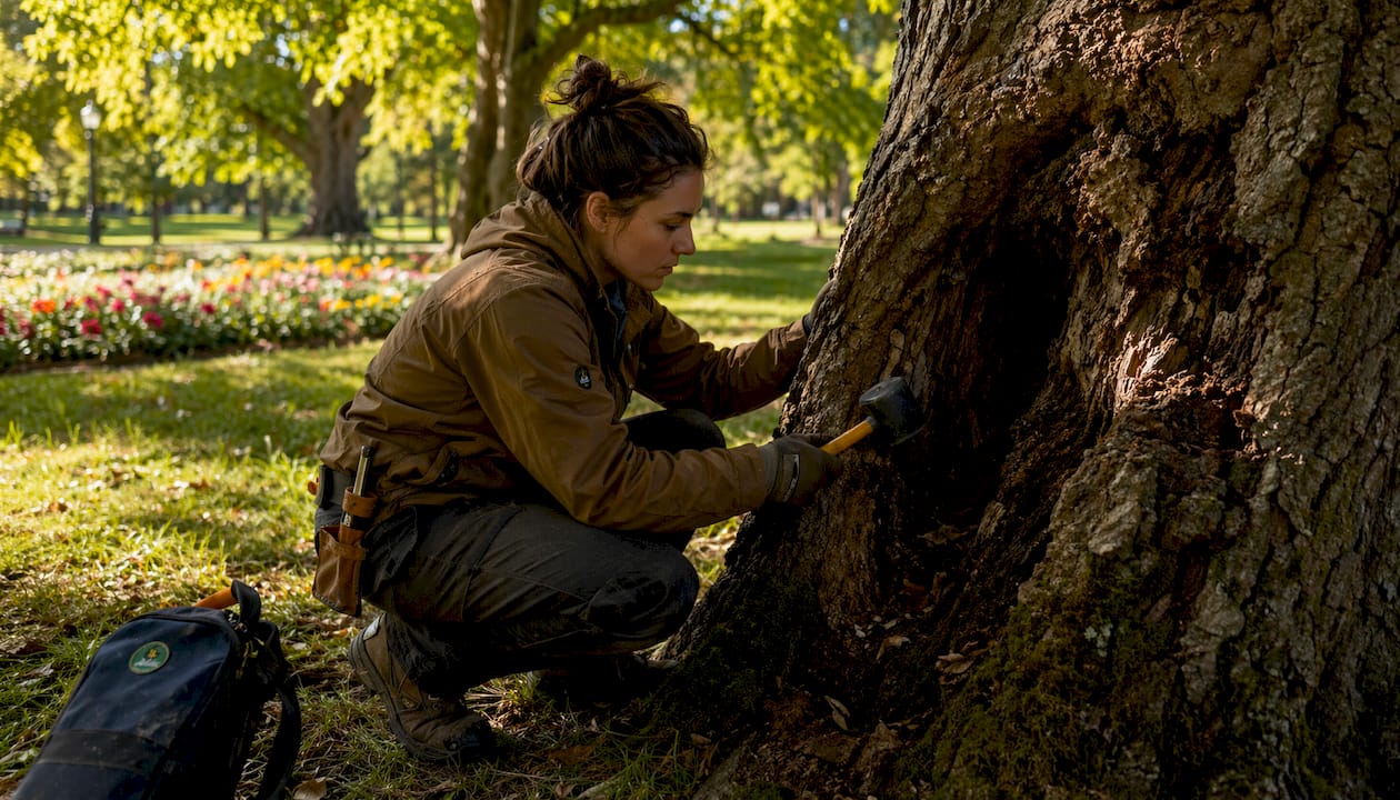 Arborist tapping hollow tree trunk with mallet