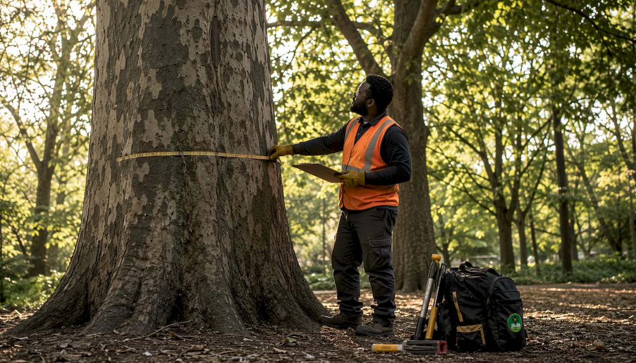 Certified arborist measuring tree trunk outdoors