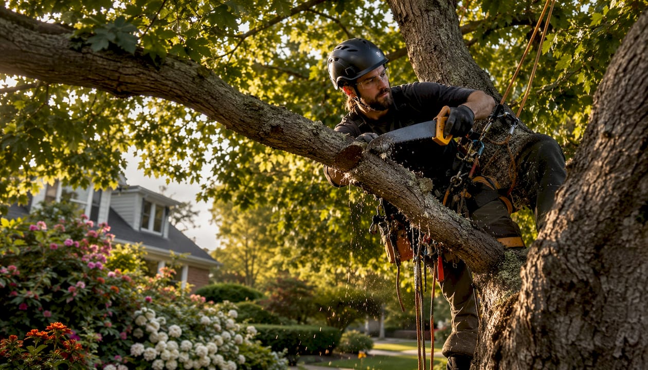 Arborist pruning oak tree branch outdoors in spring