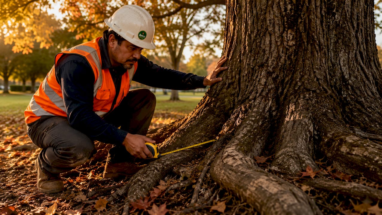 Man assessing large tree base outdoors