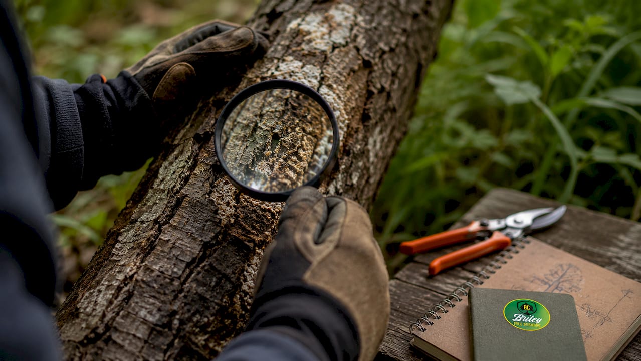 Close-up of hands inspecting tree trunk health